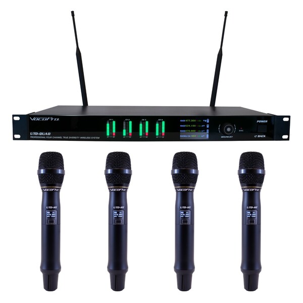 QUAD TRUE-DIVERSITY PROFESSIONAL DIGITAL WIRELESS PLL MICROPHONE SYSTEM WITH FOUR HANDHELD MICROPHON